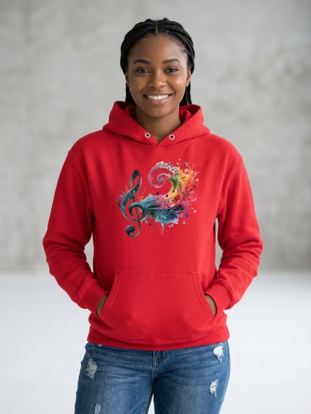 Colorful Treble Clef Graphic Red Hoodie  (Unisex)
